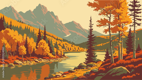 Schilderij op canvas Autumn mountain landscape featuring fall foliage along riverbank, landscape