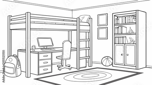 Teenager bedroom workspace with loft bed and bookshelf furniture computer