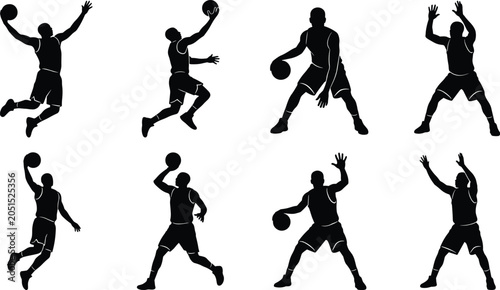 Photos Black silhouettes of basketball players in dynamic action poses including dribbl