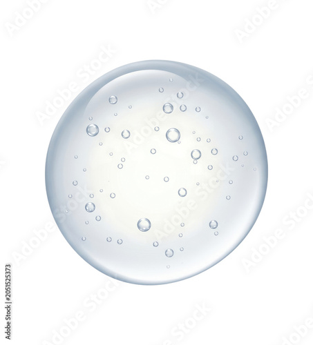 Close-up translucent clear gel droplet with suspended air bubbles, glossy round skincare serum texture