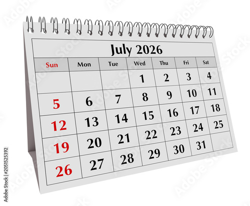 July 2026 annual desk flip calendar page with dates isolated on transparent png