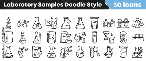 Hand drawn laboratory science icons set in a doodle style