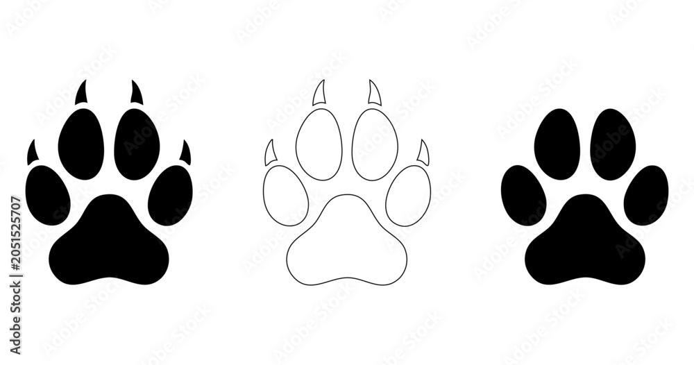 Fototapeta premium Set of three animal paw prints, including solid black silhouettes and a line art outline, representing canine or feline tracks