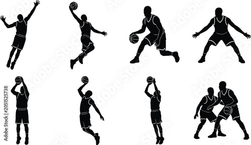 Tableau sur toile Black silhouettes of basketball players in dynamic poses including dunking, drib