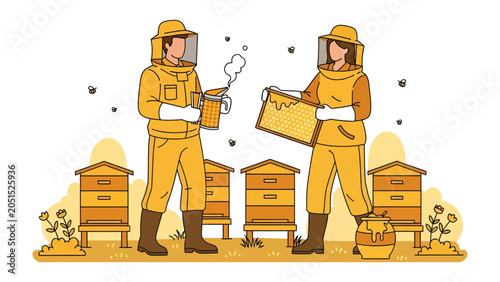 Photos Beekeepers at Work: Two beekeepers in protective suits tend to a row of beehives, surrounded by buzzing bees and the sweet scent of honey