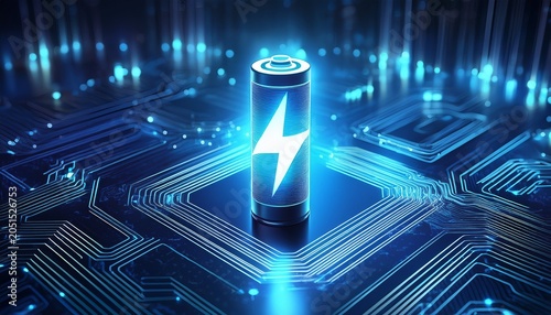 glowing battery with lightning bolt symbol on a circuit board in a blue futuristic design style