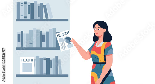 Woman selects health magazine from bookshelf, modern flat illustration representing healthcare information and education