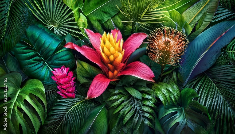 Fototapeta premium vibrant tropical flowers in lush greenery creating a colorful floral background for relaxing atmosphere