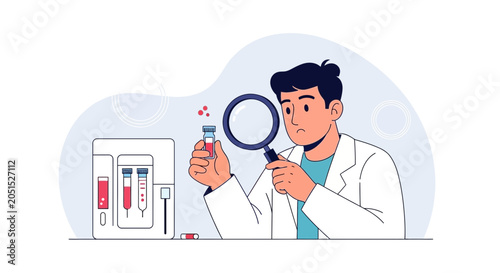 Scientist Examining Blood Sample with Magnifying Glass Next to Lab Equipment