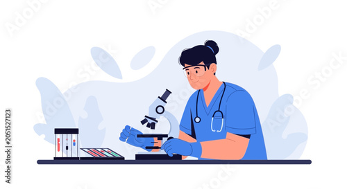 Scientist Examining Samples Under Microscope in Laboratory, Vector Illustration