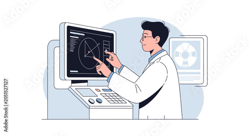 Scientist in Lab Coat Interacting with Futuristic Touchscreen Display