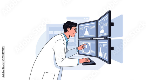Scientist in lab coat analyzing data on multiple computer screens, illustration of medical research, technology, and science.