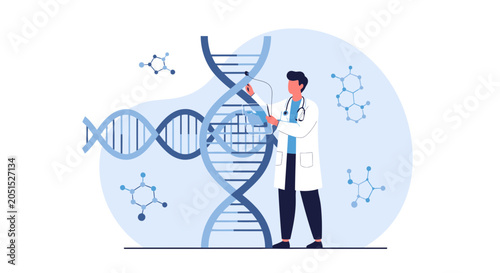 Scientist examining DNA helix structure, symbolizing genetic research, biotechnology, and medical science in a modern flat design.