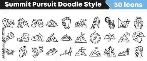 Set of hand drawn mountain climbing and hiking doodle icons