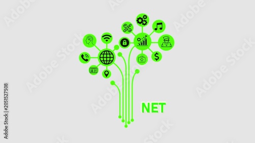 Net Branding Concept, Futuristic Digital Network with Business and Technology Icons.