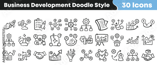 Set of thirty hand drawn business development icons in doodle style