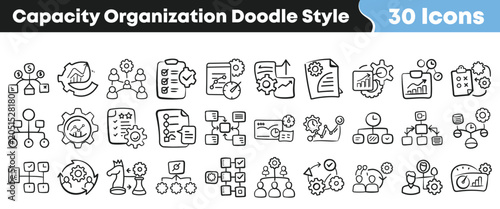 Hand drawn collection of capacity organization icons in doodle style