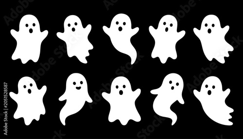 Set of cute ghosts, funny cartoon characters for halloween, white silhouettes on, vector illustration