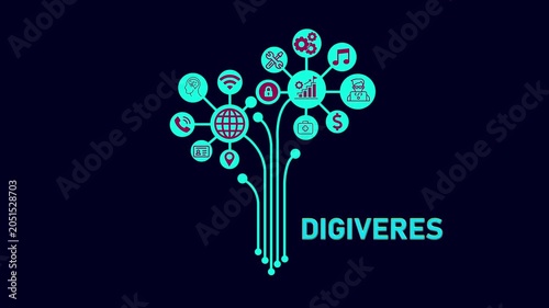 Digiveres Branding Concept, Futuristic Digital Network with Business and Technology Icons.