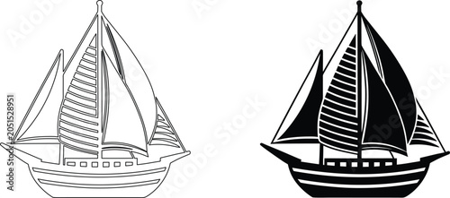 Fotografie Sailing boat ship vessel with large sails outline and solid black icon set for maritime travel