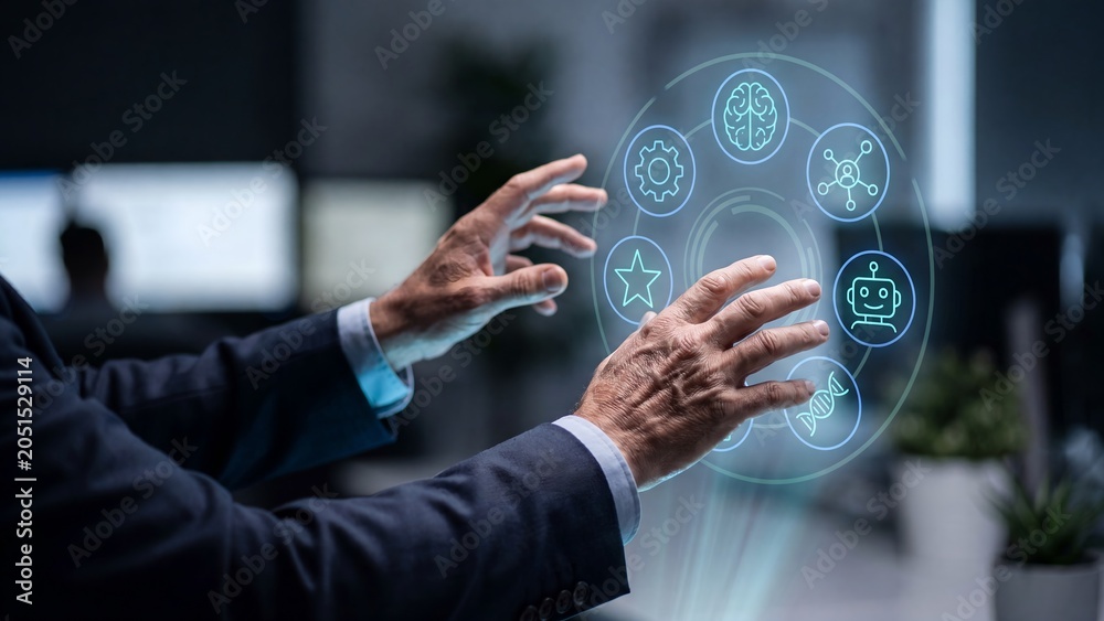 Obraz premium Businessman interacting with glowing circular holographic dashboard featuring brain, robot, gear, DNA, star, and network icons. Concept of artificial intelligence, machine learning, automation, and te
