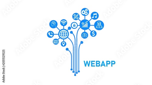 Webapp Branding Concept, Futuristic Digital Network with Business and Technology Icons.