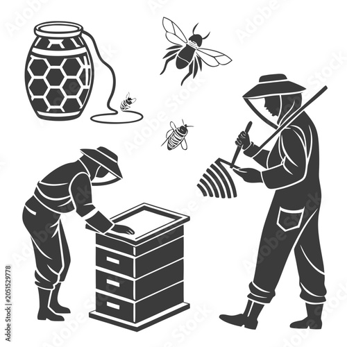 Quadro em tela Beekeeper inspecting beehive with honeycomb jar and bees beekeeper suit beekeepi