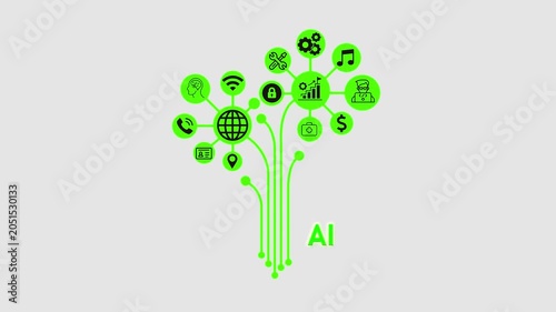AI Branding Concept, Futuristic Digital Network with Business and Technology Icons.