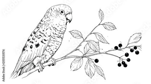 Parrot vector sketch sitting on branch with red berries