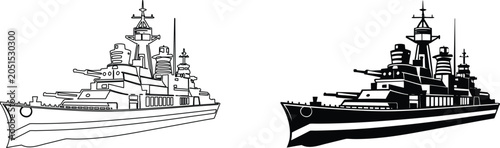 Canvastavla Warship battleship in outline and silhouette with cannons and towers, naval warfare