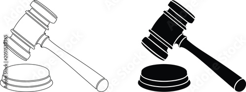 Fotografija Wooden gavel resting on sound block for judge or auctioneer symbol in outline and solid black style