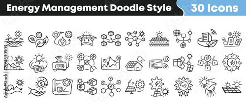 Hand drawn energy management icons set in simple doodle style