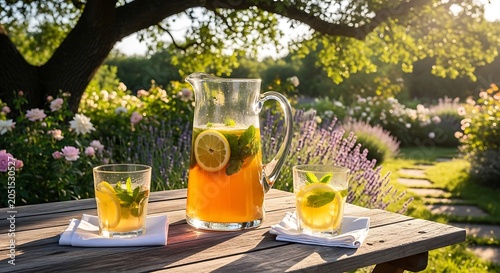 A refreshing pitcher and glass of iced tea with lemon and mint on a wooden table in the garden