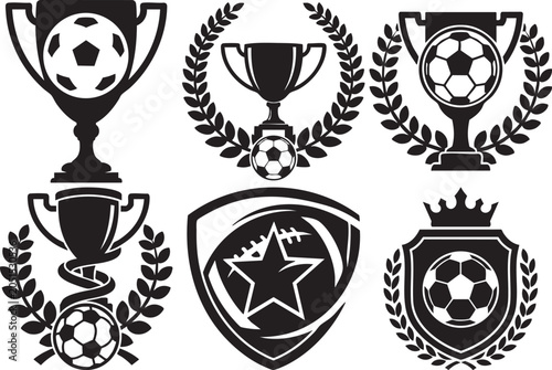 Black and white soccer trophy and shield icons