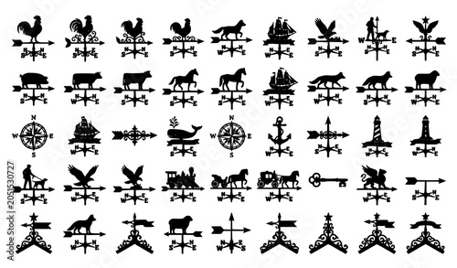 фотографія Antique weather vane logo set with wind direction symbols compass roses and vint
