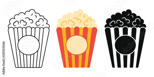 Foto popcorn buckets in different colorful cinema containers for movie theater snack
