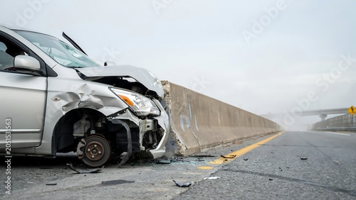 Damaged silver car crashed into concrete barrier on highway car accident damaged vehicle