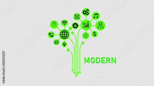 Modern Branding Concept, Futuristic Digital Network with Business and Technology Icons.