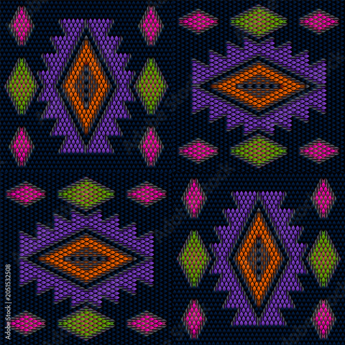 Seamless neon beadwork pattern with four tribal diamond motifs in purple pink orange green on dark blue