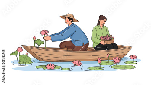 Foto Lotus Harvest in a Boat: Two people in a traditional boat harvest blooming lotus flowers from a tranquil pond, surrounded by lush lily pads and the gentle ripple of water