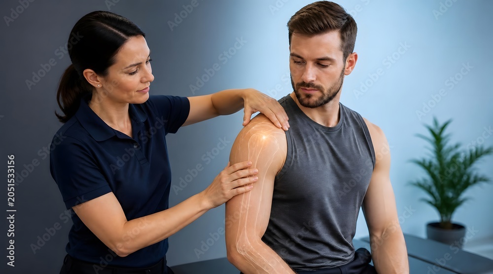 Obraz premium Physiotherapist, shoulder pain and patient with doctor for injury, medical checkup and rehabilitation. Woman, man and clinic with health, anatomy and orthopedic treatment for joint bone massage