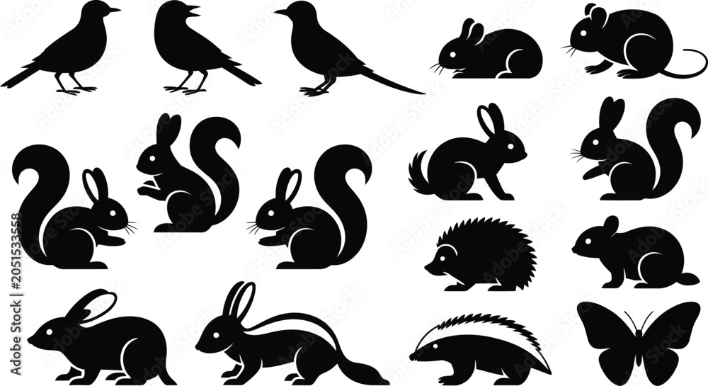 Fototapeta premium Set of black silhouette illustrations featuring small forest animals and birds on white background.