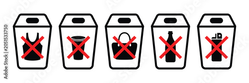 Obraz na plátně Waste prohibition signs, garbage bin restriction for plastic, liquids, and gener