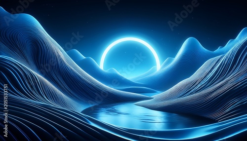 abstract blue desktop wallpaper background with snow mountains and neon light circle round line water waves dark black blue theme