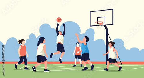 Group of young kids playing a basketball game on an outdoor court with blue sky and stylized clouds in the background while one player jumps to shoot.