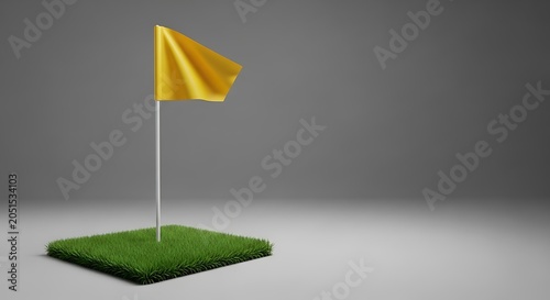 Bright yellow football flag standing on a small square patch of green grass against a grey background