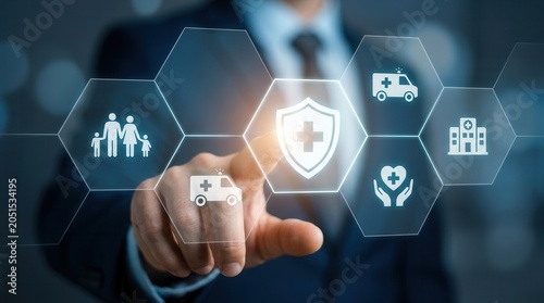 Health insurance concept showing medical services, benefits, and financial security for families.