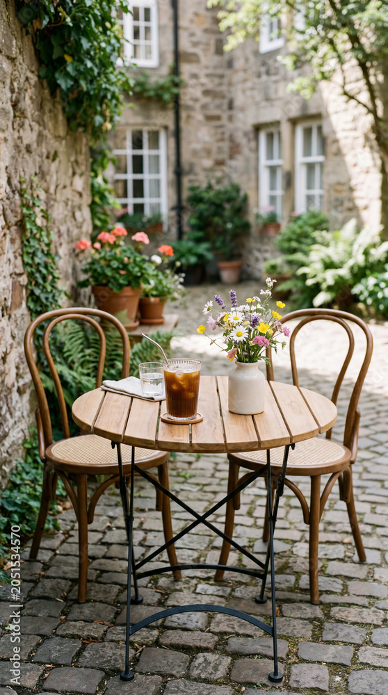 Fototapeta premium Outdoor cafe table with iced coffee and wildflowers in a stone courtyard. Vertical photo of bistro chairs and wooden table on a cobblestone street. Quaint European patio setting