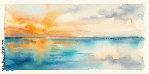 Watercolor painting of a serene sunset ocean horizon with watercolor painting seascape landscape abstract artistic creative tranquil peaceful colorful illustration sunlight reflection