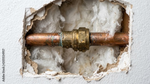 Water damage and leak detection showing a copper pipe and clamp behind a wall.
